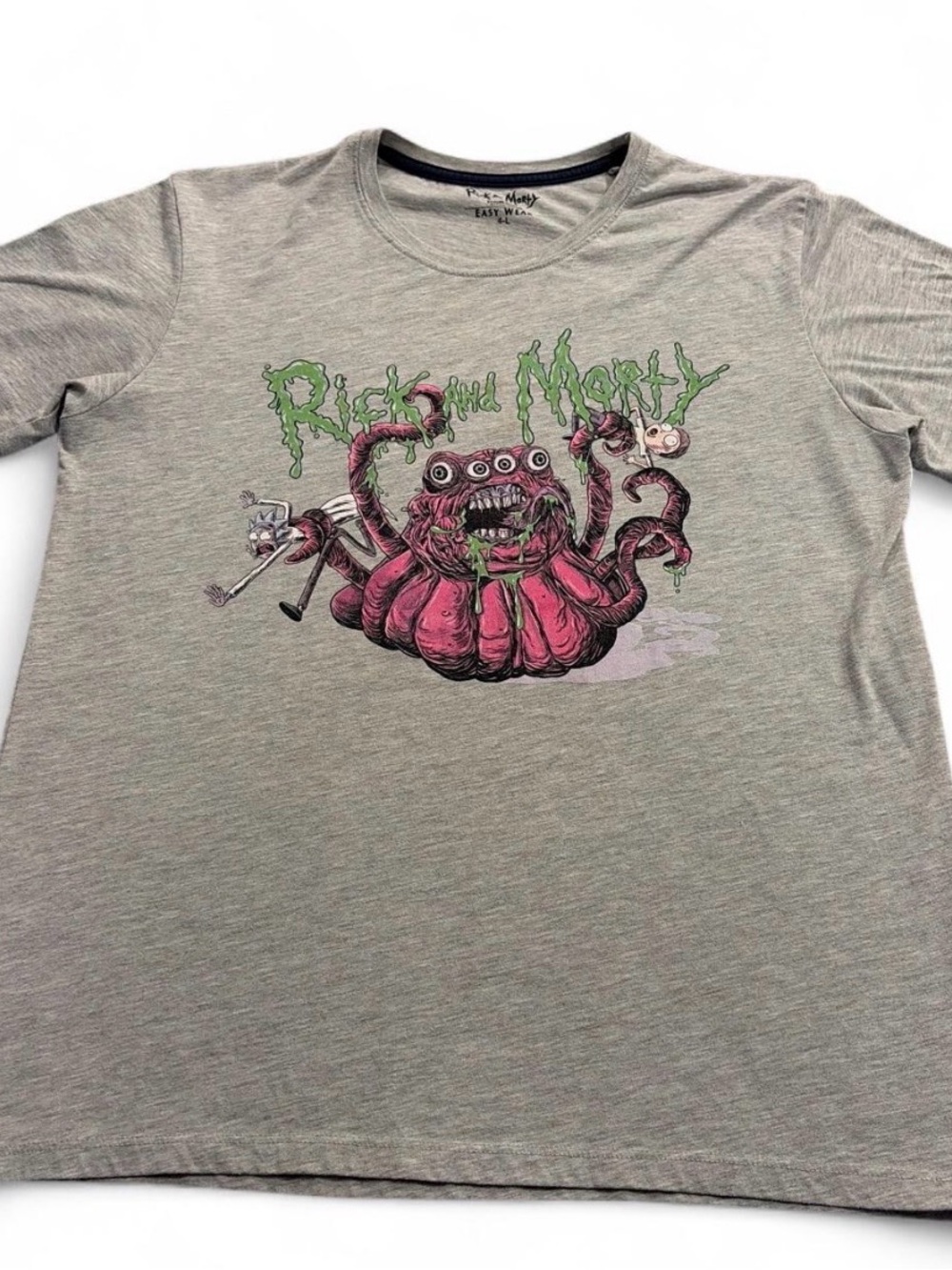 Rick and Morty Graphic Tee - Gray with Pink & Green Monster Print Sz 4-L used